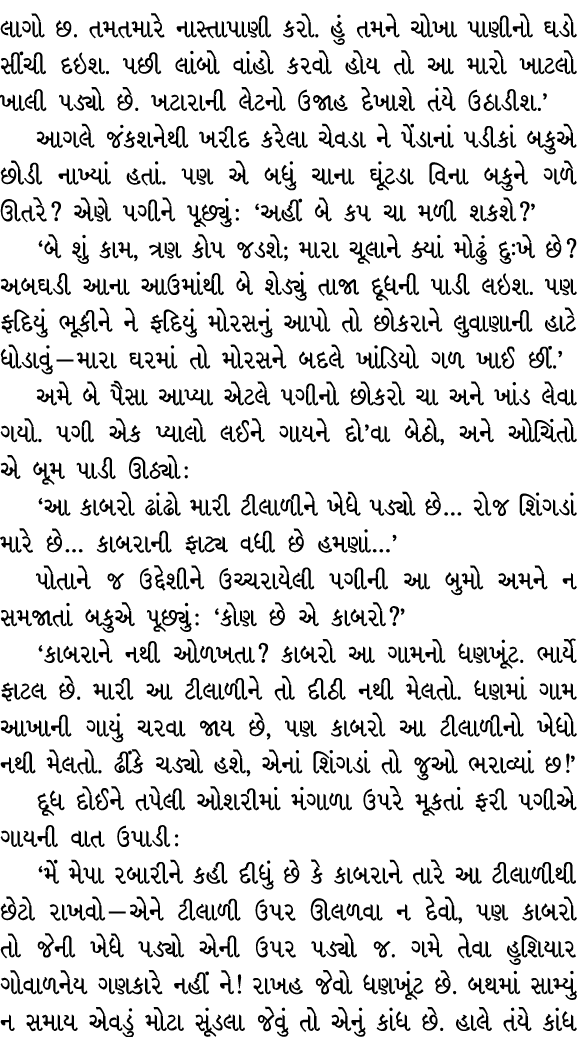 લાગો છ. તમતમારે નાસ્તાપાણી કરો. હું તમને ચોખા પાણીનો ઘડો સીંચી દઇશ. પછી લાંબો વાંહો કરવો હોય તો આ મારો ખાટલો ખાલી પડ્...