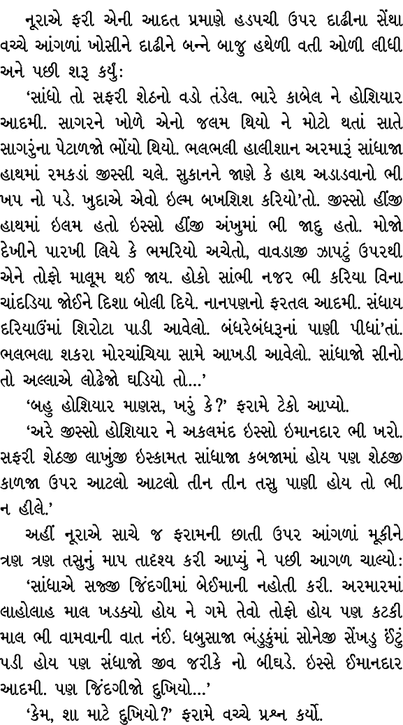 નૂરાએ ફરી એની આદત પ્રમાણે હડપચી ઉપર દાઢીના સેંથા વચ્ચે આંગળાં ખોસીને દાઢીને બન્ને બાજુ હથેળી વતી ઓળી લીધી અને પછી શરૂ...