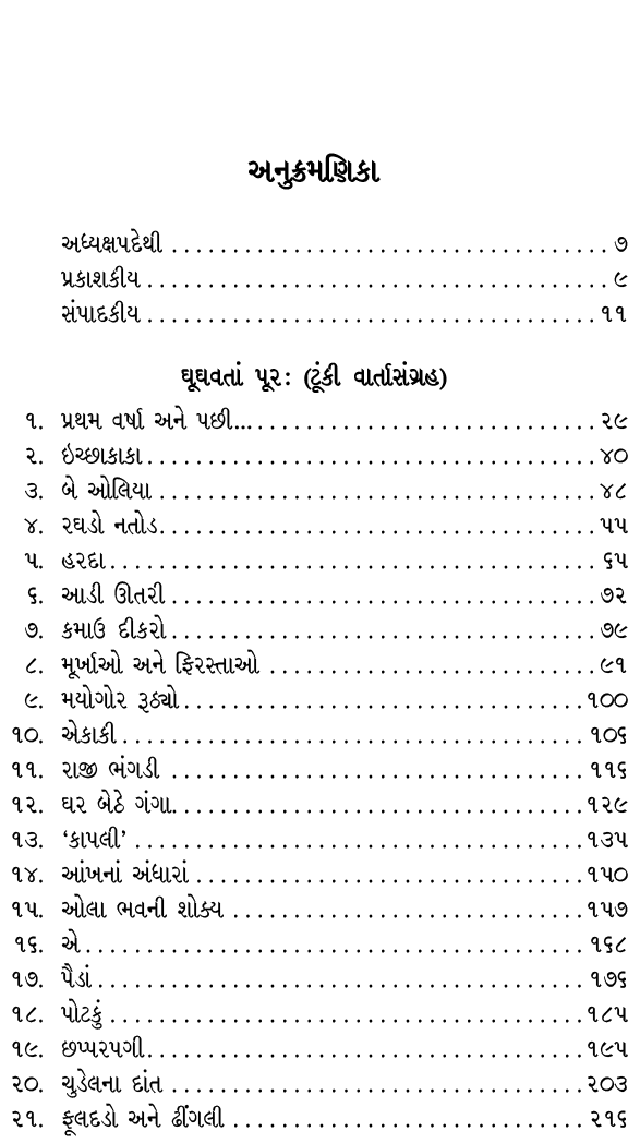 અનુક્રમણિકા અધ્યક્ષપદેથી ૭ પ્રકાશકીય ૯ સંપાદકીય ૧૧ ઘૂઘવતાં પૂર : (ટૂંકી વાર્તાસંગ્રહ) ૧. પ્રથમ વર્ષા અને પછી… ૨૯ ૨. ઇ...