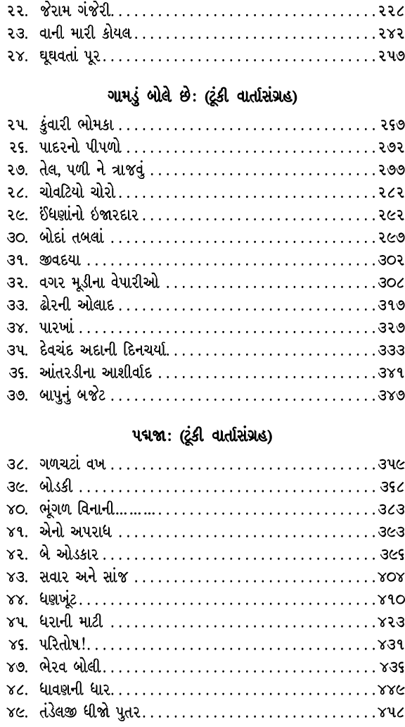  ૨૨. જેરામ ગંજેરી ૨૨૮ ૨૩. વાની મારી કોયલ ૨૪૨ ૨૪. ઘૂઘવતાં પૂર ૨૫૭ ગામડું બોલે છે : (ટૂંકી વાર્તાસંગ્રહ) ૨૫. કુંવારી ભો...