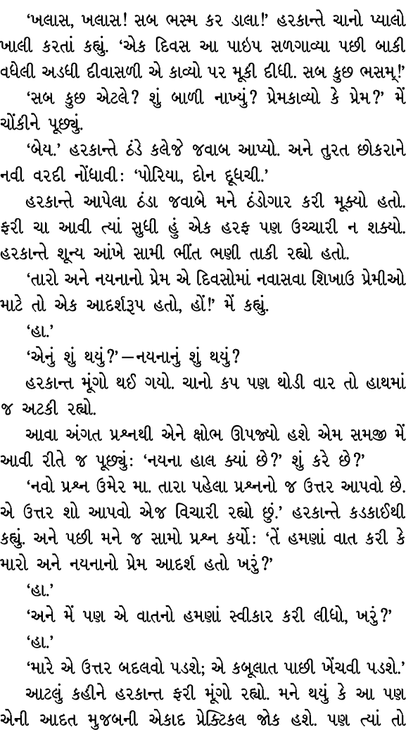 ‘ખલાસ, ખલાસ! સબ ભસ્મ કર ડાલા!’ હરકાન્તે ચાનો પ્યાલો ખાલી કરતાં કહ્યું. ‘એક દિવસ આ પાઇપ સળગાવ્યા પછી બાકી વધેલી અડધી દ...
