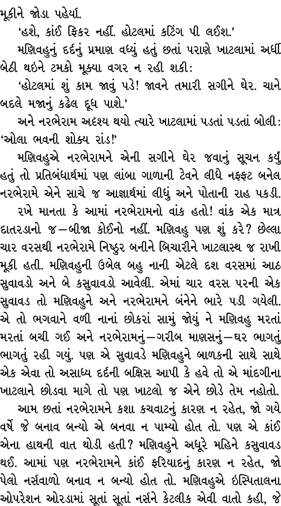 મૂકીને જોડા પહેર્યા. ‘હશે, કાંઈ ફિકર નહીં. હોટલમાં કટિંગ પી લઈશ.’ મણિવહુનું દર્દનું પ્રમાણ વધ્યું હતું છતાં પરાણે ખાટ...