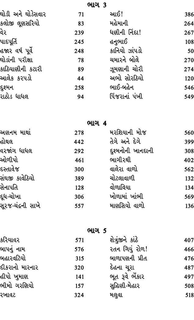 ભાગ 3 ઘોડી અને ઘોડેસવાર 71 કલોજી લૂણસરિયો 83 વેર 239 પાદપૂર્તિ 245 હજાર વર્ષ પૂર્વે 248 ઘોડાંની પરીક્ષા 78 કાઠિયાણીની...