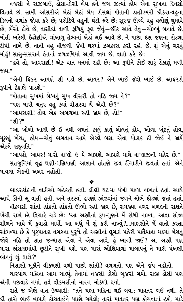 વજસી ને રાજીબાઈ, ડોસા ડોસી બેય હવે જગ જીત્યાં હોય એવા સુખના દિવસો વિતાવે છે. સામી ઓસરીએ બેઠાં બેઠાં બેય ડોસલાં પોતાની...